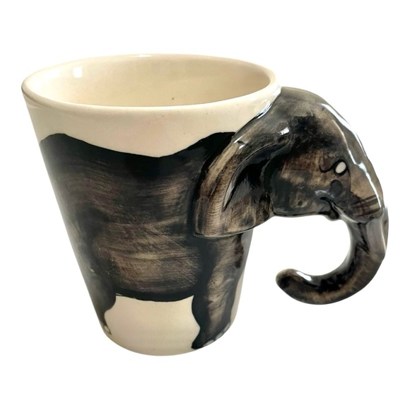 Other - Elephant Head Unique Trunk Handle Ceramic Mug, Made in Thailand, Beige & White.